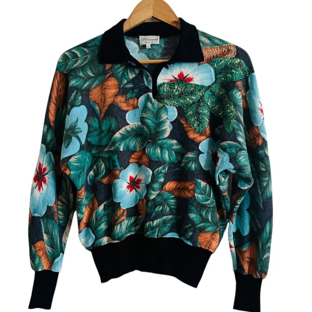 Blumarine Womens Floral Sweater Size 42 US 6 Angora Wool Blend Beaded Detail